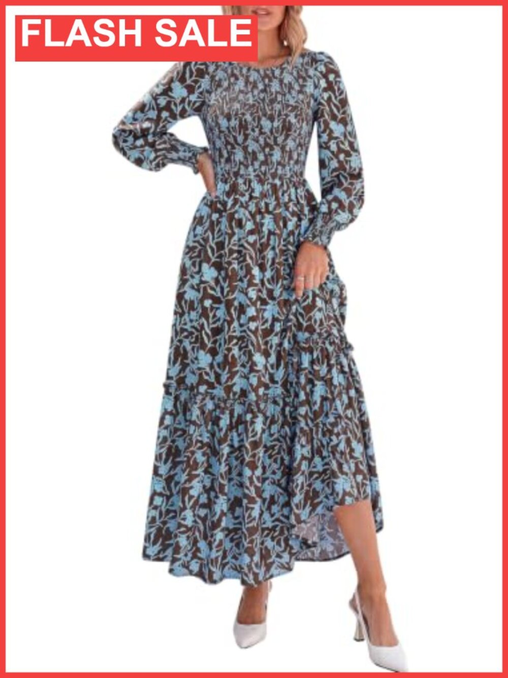 Floral Maxi Dress Long Sleeve A-line with Pockets